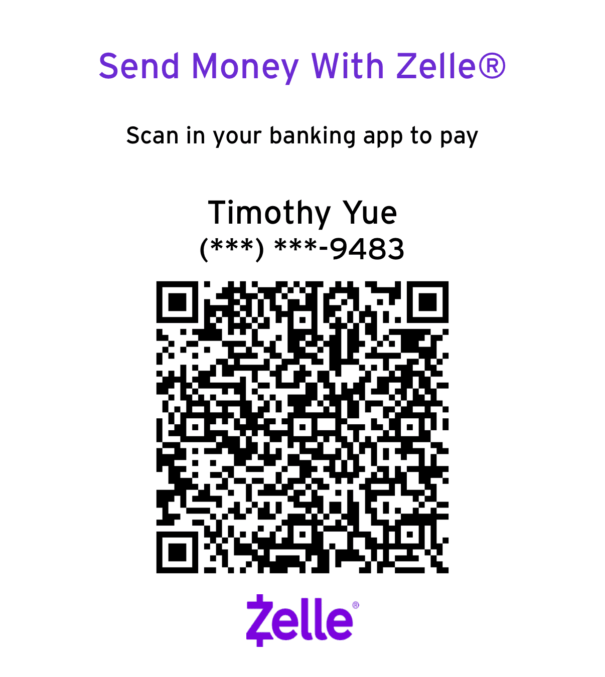 Zelle QR code for Timothy Yue